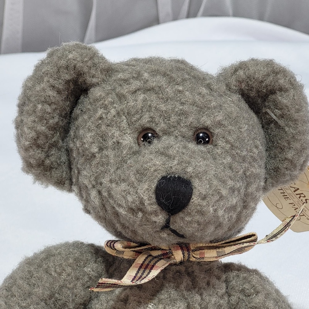 Vintage 9" Russ Teddy Bear Stuffed Plush "Frizzlin" Grey Fleece w. Checkered Bow